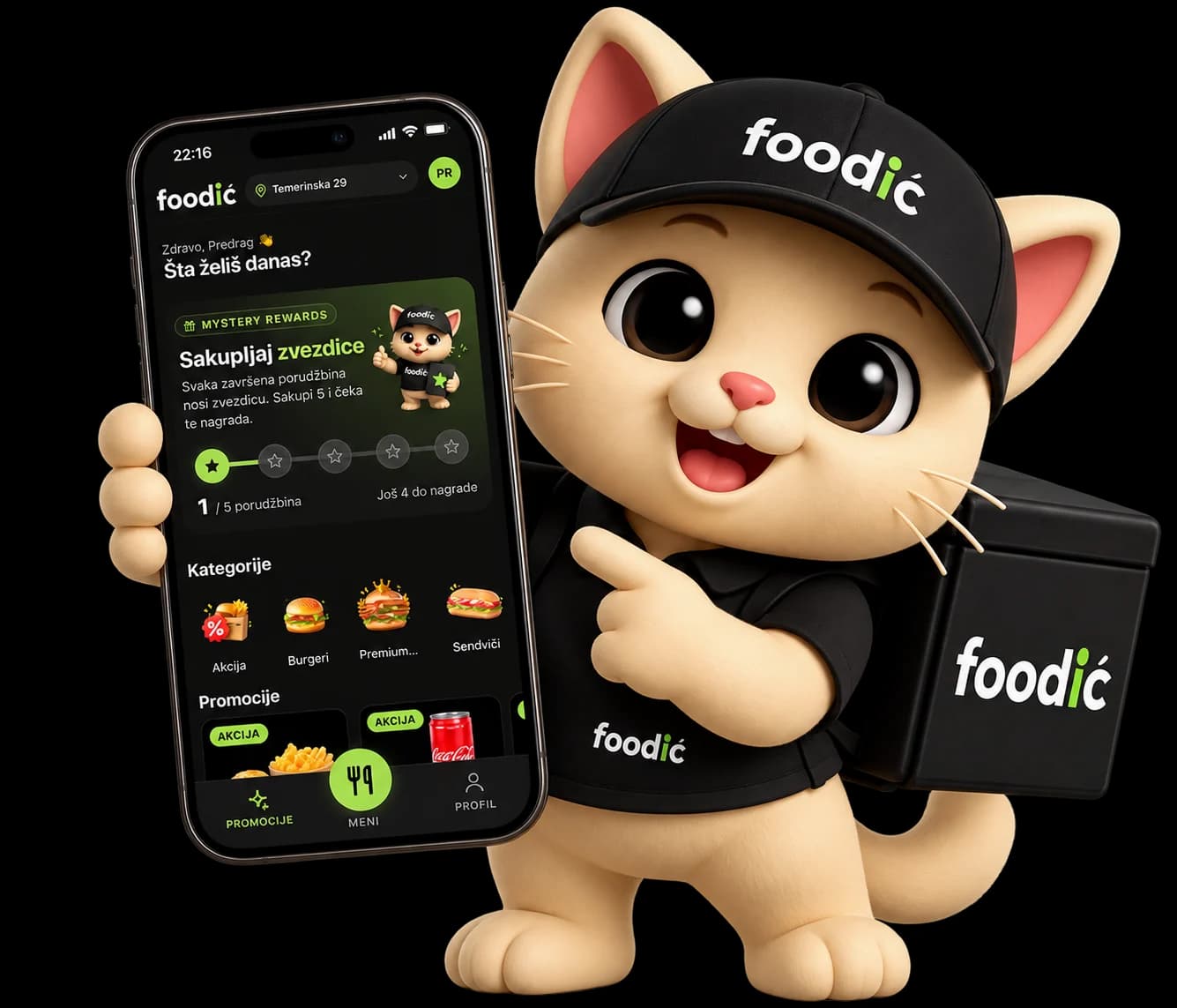 The Foodić mascot holding a phone with the Foodić app open
